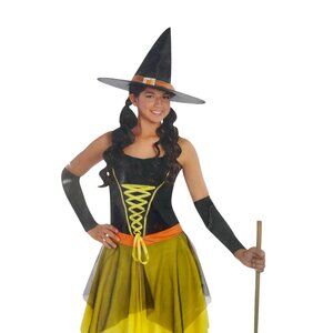 Magik Teen Witch Halloween Costume Size 5-7 Black Orange Hat Gloves Dress NEW